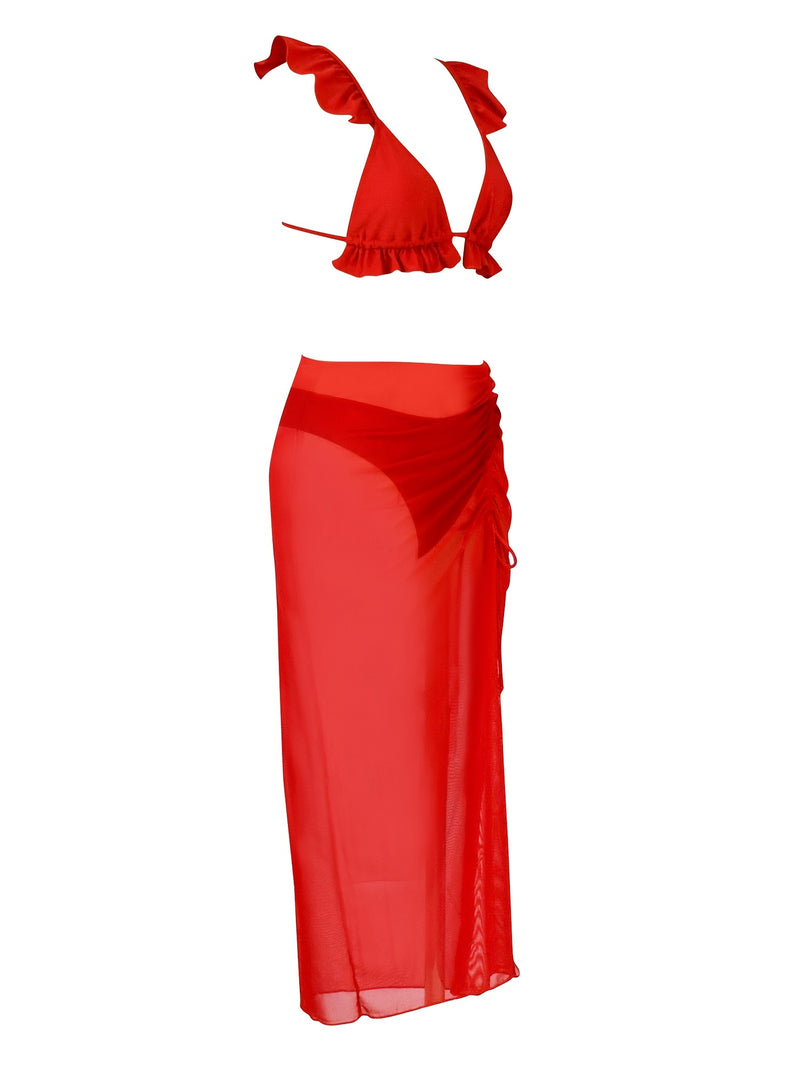 Conjunto de Biquíni com Babado Lettuce, Decote V Profundo e Cintura Alta, acompanhado de Saída de Praia em formato de saia. Maiô de cor sólida feminino – Moda Praia elegante e moderna.