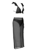 Conjunto de Biquíni com Babado Lettuce, Decote V Profundo e Cintura Alta, acompanhado de Saída de Praia em formato de saia. Maiô de cor sólida feminino – Moda Praia elegante e moderna.