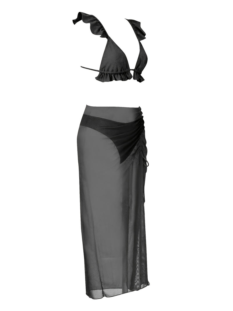 Conjunto de Biquíni com Babado Lettuce, Decote V Profundo e Cintura Alta, acompanhado de Saída de Praia em formato de saia. Maiô de cor sólida feminino – Moda Praia elegante e moderna.