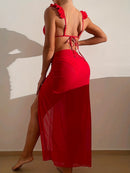 Conjunto de Biquíni com Babado Lettuce, Decote V Profundo e Cintura Alta, acompanhado de Saída de Praia em formato de saia. Maiô de cor sólida feminino – Moda Praia elegante e moderna.