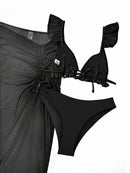 Conjunto de Biquíni com Babado Lettuce, Decote V Profundo e Cintura Alta, acompanhado de Saída de Praia em formato de saia. Maiô de cor sólida feminino – Moda Praia elegante e moderna.