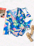 Conjunto de Biquíni 3 Peças Estampa Tropical – Elegância com Manga Longa e Detalhes de Amarração