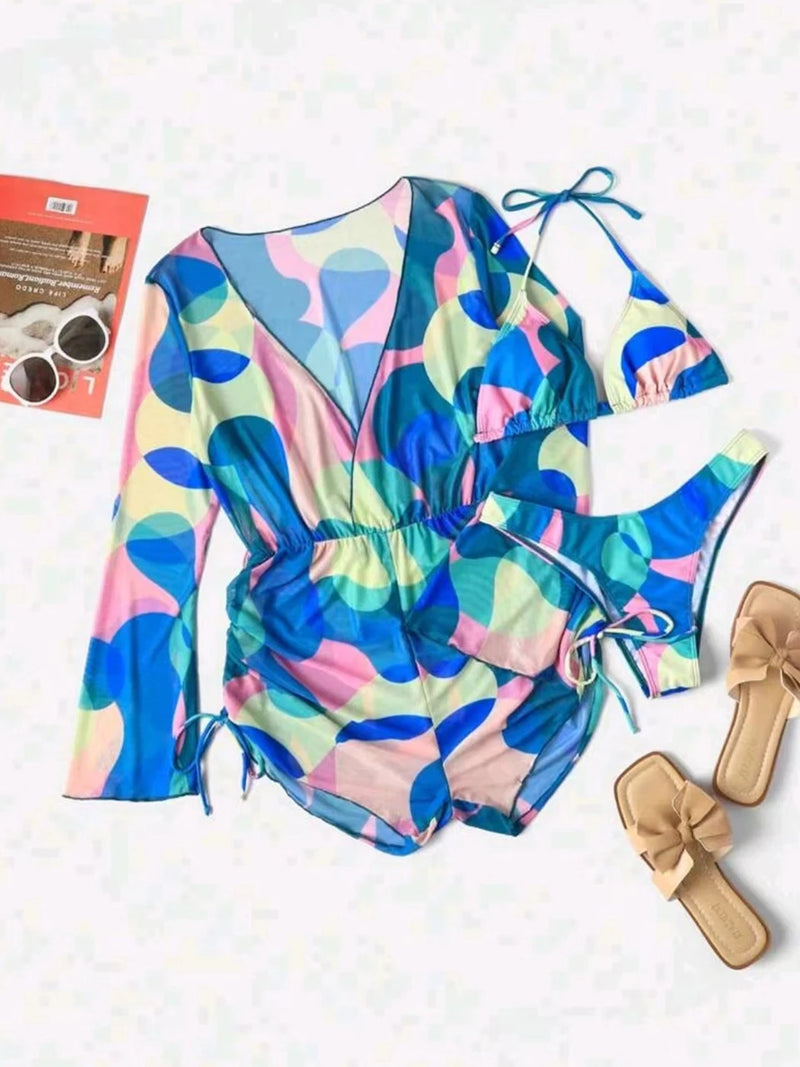 Conjunto de Biquíni 3 Peças Estampa Tropical – Elegância com Manga Longa e Detalhes de Amarração