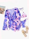 Conjunto de Biquíni 3 Peças Estampa Tropical – Elegância com Manga Longa e Detalhes de Amarração