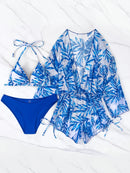 Conjunto de Biquíni 3 Peças Estampa Tropical – Elegância com Manga Longa e Detalhes de Amarração