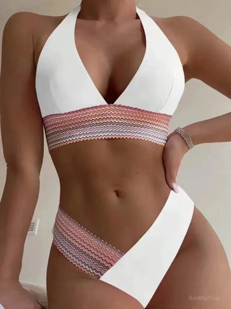 Conjunto de Biquíni Feminino 2024 — Estilo Halter, Cintura Alta e Toque Brasileiro Elegante