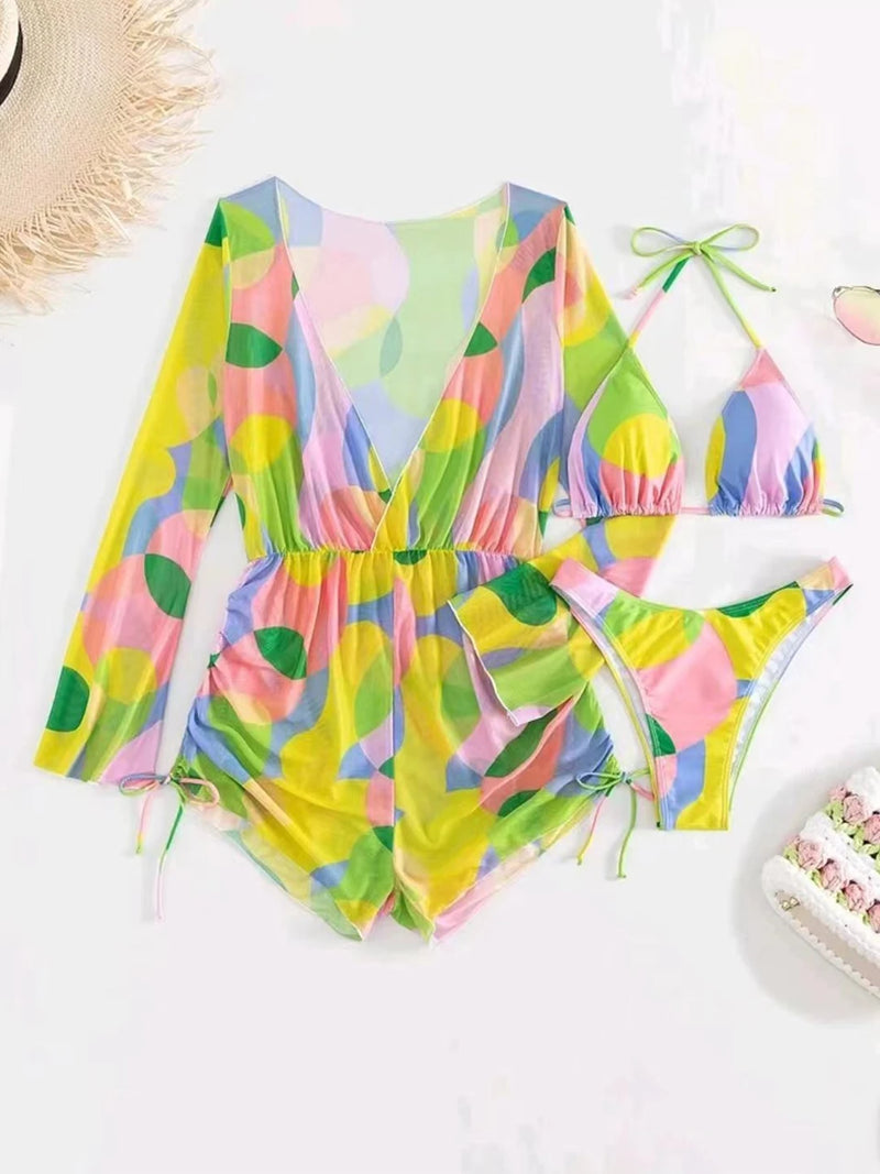 Conjunto de Biquíni 3 Peças Estampa Tropical – Elegância com Manga Longa e Detalhes de Amarração