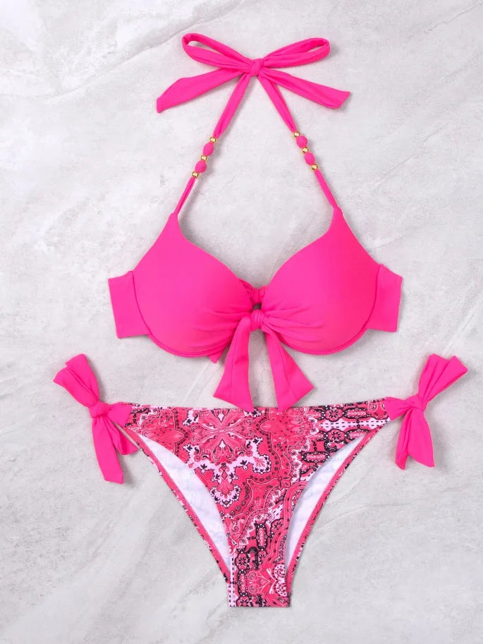 Biquíni Halter Push Up com Estampa Tropical – Moda Praia Feminina 2025