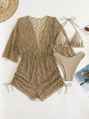 Conjunto de Biquíni 3 Peças Estampa Tropical – Elegância com Manga Longa e Detalhes de Amarração