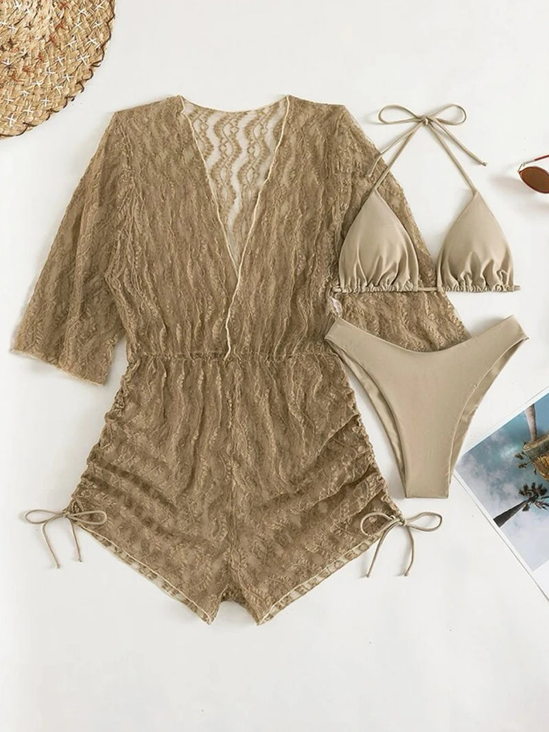 Conjunto de Biquíni 3 Peças Estampa Tropical – Elegância com Manga Longa e Detalhes de Amarração