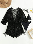 Conjunto de Biquíni 3 Peças Estampa Tropical – Elegância com Manga Longa e Detalhes de Amarração