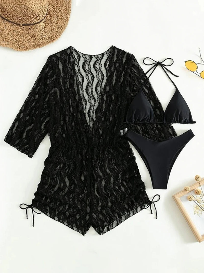 Conjunto de Biquíni 3 Peças Estampa Tropical – Elegância com Manga Longa e Detalhes de Amarração