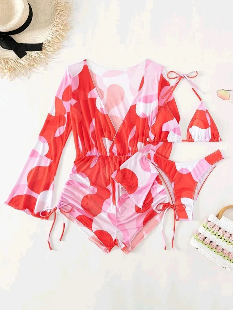 Conjunto de Biquíni 3 Peças Estampa Tropical – Elegância com Manga Longa e Detalhes de Amarração