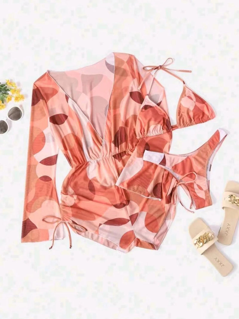 Conjunto de Biquíni 3 Peças Estampa Tropical – Elegância com Manga Longa e Detalhes de Amarração