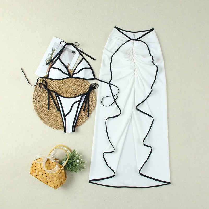 Conjunto de Biquíni 3 Peças Para Praia 2025 – Estampa Exclusiva com Saia Longa e Toque de Elegância