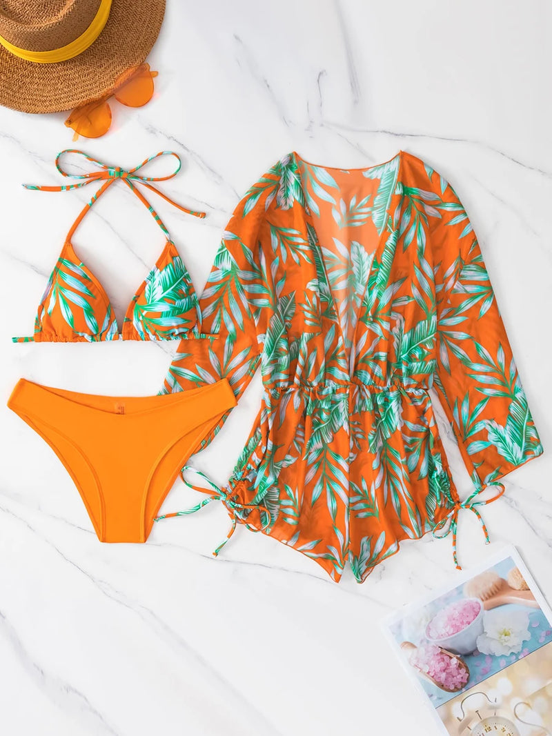 Conjunto de Biquíni 3 Peças Estampa Tropical – Elegância com Manga Longa e Detalhes de Amarração