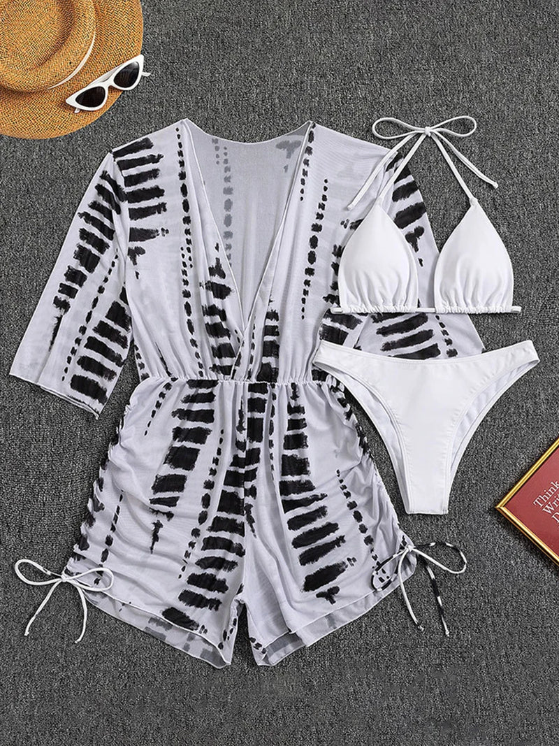 Conjunto de Biquíni 3 Peças Estampa Tropical – Elegância com Manga Longa e Detalhes de Amarração