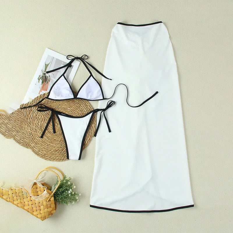 Conjunto de Biquíni 3 Peças Para Praia 2025 – Estampa Exclusiva com Saia Longa e Toque de Elegância
