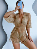 Conjunto de Biquíni 3 Peças Estampa Tropical – Elegância com Manga Longa e Detalhes de Amarração