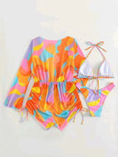 Conjunto de Biquíni 3 Peças Estampa Tropical – Elegância com Manga Longa e Detalhes de Amarração