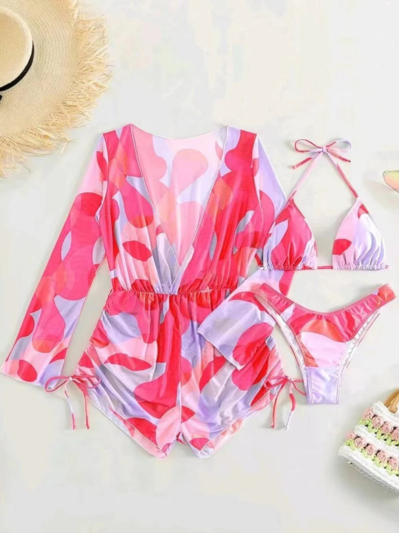 Conjunto de Biquíni 3 Peças Estampa Tropical – Elegância com Manga Longa e Detalhes de Amarração