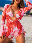 Conjunto de Biquíni 3 Peças Estampa Tropical – Elegância com Manga Longa e Detalhes de Amarração
