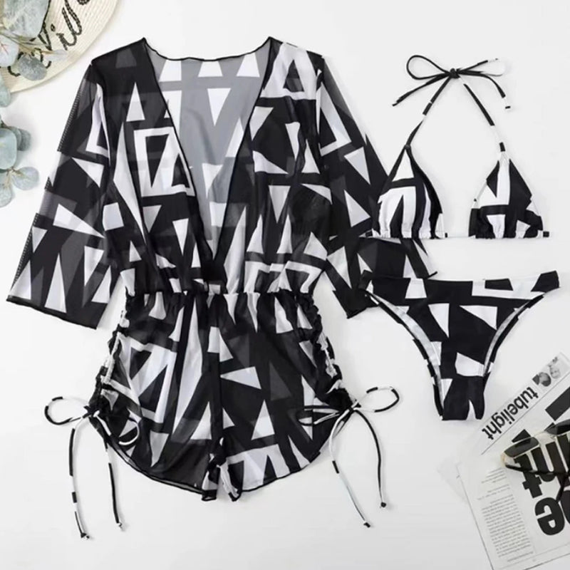 Conjunto de Biquíni 3 Peças Estampa Tropical – Elegância com Manga Longa e Detalhes de Amarração