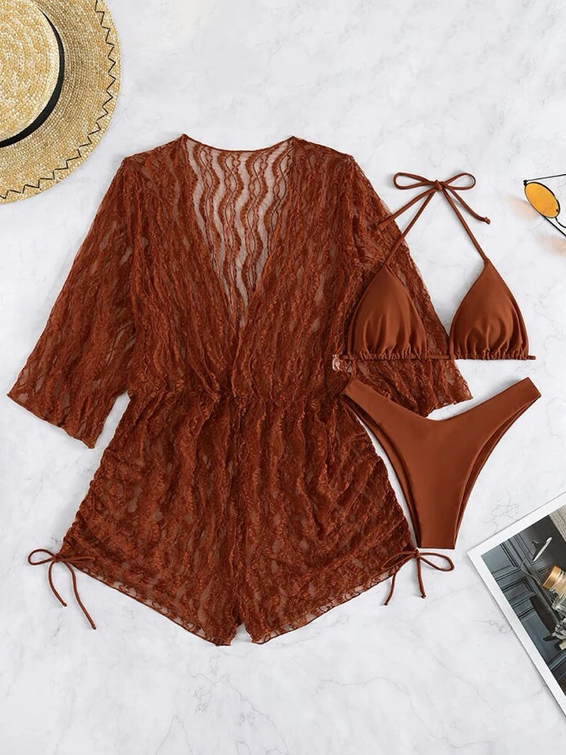 Conjunto de Biquíni 3 Peças Estampa Tropical – Elegância com Manga Longa e Detalhes de Amarração