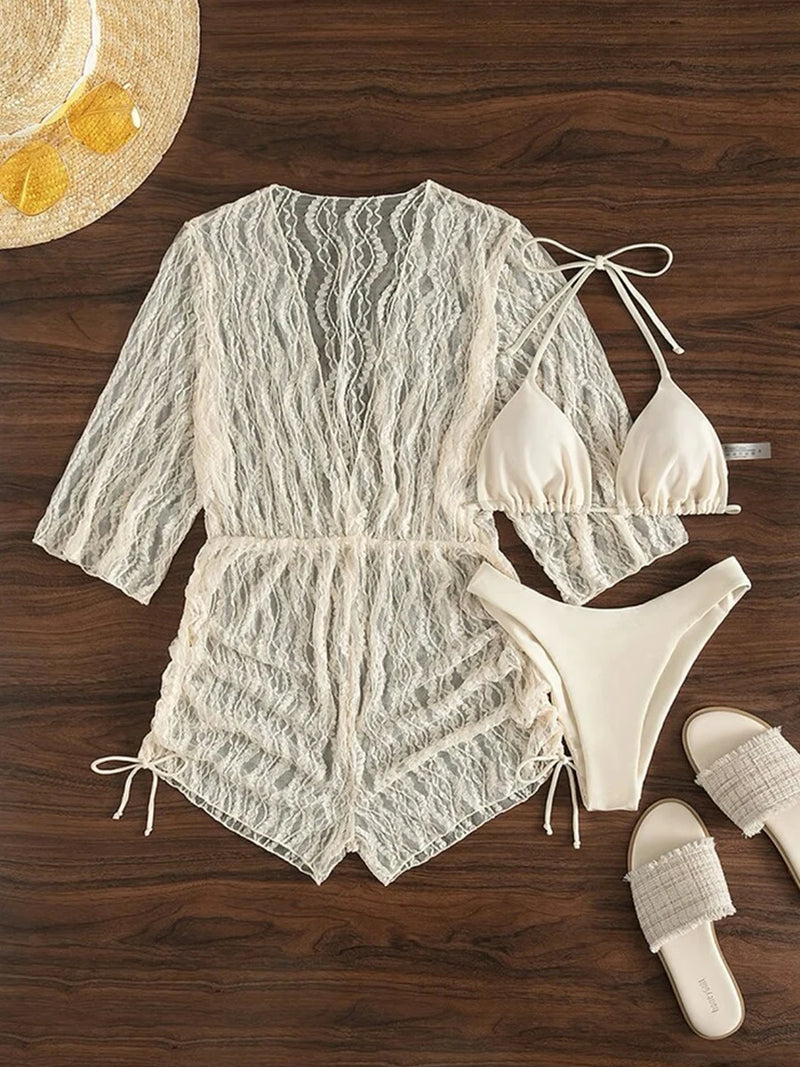 Conjunto de Biquíni 3 Peças Estampa Tropical – Elegância com Manga Longa e Detalhes de Amarração