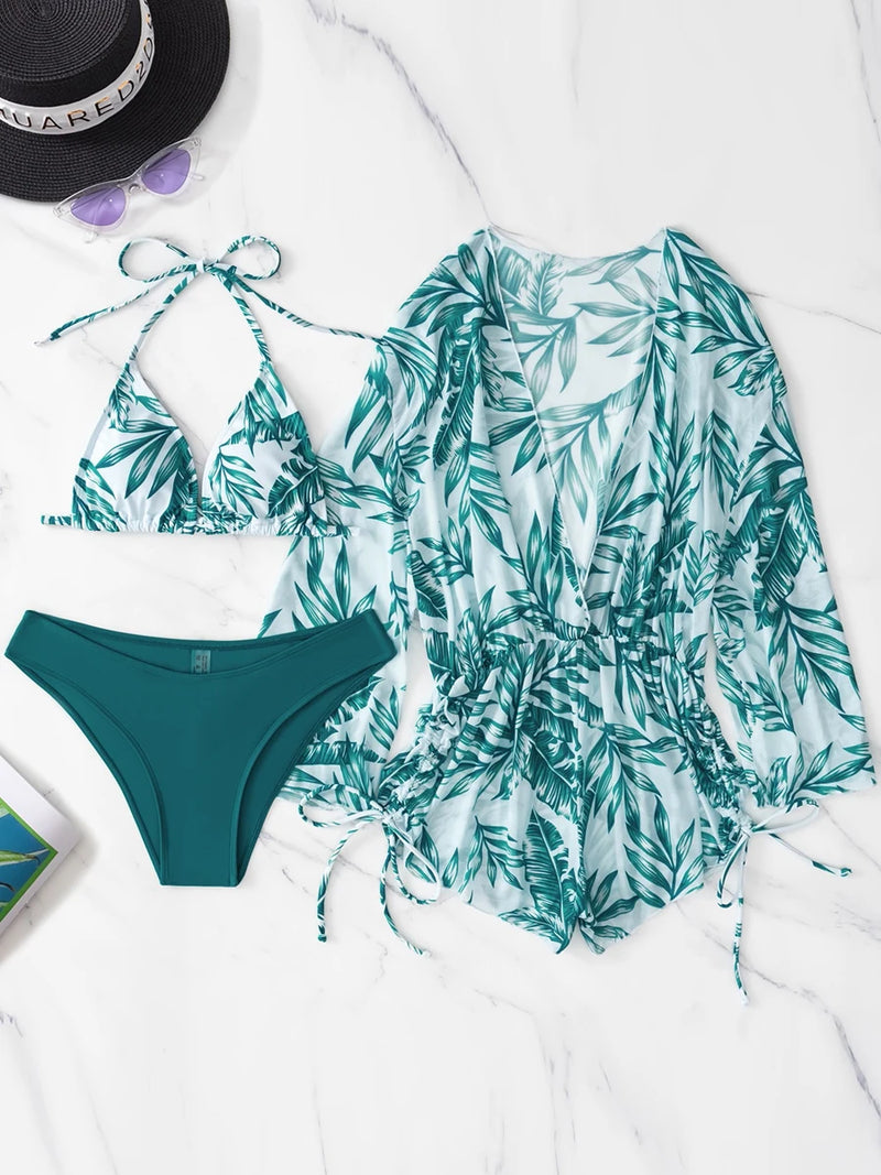 Conjunto de Biquíni 3 Peças Estampa Tropical – Elegância com Manga Longa e Detalhes de Amarração