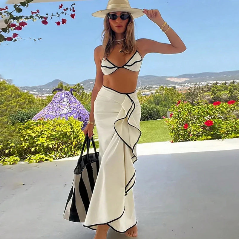 Conjunto de Biquíni 3 Peças Para Praia 2025 – Estampa Exclusiva com Saia Longa e Toque de Elegância